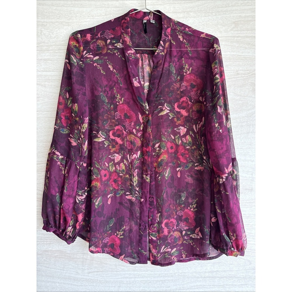 Kut from the Kloth purple floral sheer long-balloon sleeve Boho Top Sz XS